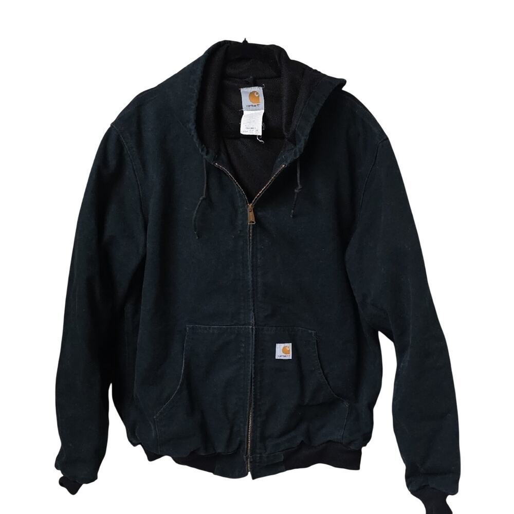 Carhartt J140 Black Quilted Flannel Lined Duck Active Hooded Zip Jacket Mens L